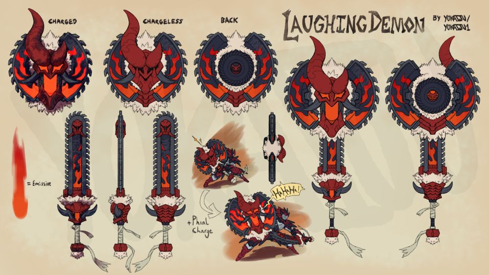An image depicting the user's submission to capcom's Monster Hunter Wilds weapon design contest. It is a chargeblade, and resembles a mix between a chainsaw and a laughing demon.
The sword resembles a chainsaw, with a flame pattern on the side, a laughing demon face on the hilt (with tusks as the crossguard), bandaged wrapped around the handle and a shock of fur around where the blade emerges. A smaller demon face is at the end of the blade.
The shield has a large red demon face with one horn larger than the other, two large grey tusks and chainsaw blades either side. A mane of white fur covers most of the rest of the shield, with the back having a black metal disc and a small red demon face in the centre. When charged with energy, the large face laughs and opens its mouth and eyes, revealing an orange glow that also lights up the flame patterns on the chainsaw blades.
When combined into an axe the shield blades extend sideways and the hilt of the sword extends.