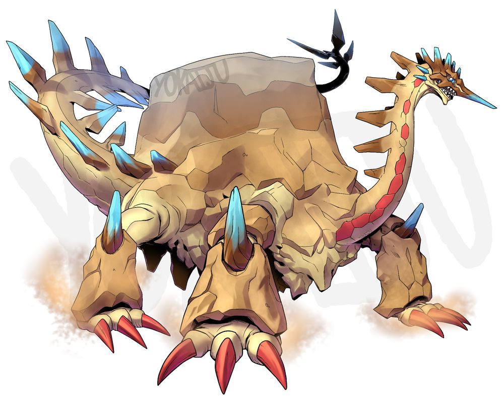 The user's fanmade digimon design, Terrdramon. It resembles a mix between a sauropod dinosaur and a flat topped mountain. Its neck and tail are long, with the tail being three to four times the length of its body. Its legs stick out to the sides more like a crocodile than a sauropod.
Its colours are overall sandy, with visible layering in its back rock and a gradient into a lighter underbelly. Each foot has three red claws, rocky plating on the lower leg and a dark brown spike that transitions to blue on the knee. It also has rocky plates on its biceps.
Its neck and tail are lined with two rows of flat rocky spines tipped in dark brown, spread at a roughly 45 degree angle, with five pairs on the neck and eight nearer the base of the tail (tipped with blue) as well as four blue tipped spines at the end like a stegosaurus. Terrdramon's head is small due to its large size, and the upper jaw is covered in a dark brown rocky helmet with three pairs of blue-tipped spines, four jagged 'fangs' and a long nose horn ending in blue. Four blue spines emerge from its cheeks.