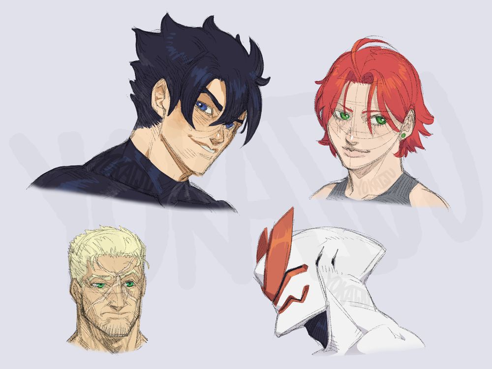 An image featuring bust shots of the user's OCs from his series named SHELL. The characters are Akio, Renho, Cathal and Akio's SHELL form.
Akio is smiling at the camera at a 3/4 angle with a slight smirk and a raised eyebrow. He's wearing a black bodysuit that goes to his mid neck. His hair is black and spiky, with three main strands in the front (one either side of the face, one in the middle).
Renho is pale skinned with red hair, thin eyebrows and green eyes. Her hair is in a middle part witha single strand arched back over her head, and the ends are spiky. Her outfit is a grey tanktop with green earrings to match her eyes.
Cathal is tanned, muscular and has short blonde hair, with a large X-shaped facial scar and green eyes. He's somewhat bemused, staring off behind the camera at something.
Akio's SHELL form is white with a black throat, a pointed back of head, a red 2/3 ring crest on the forehead and red lining around his visor and 'mouth' section.