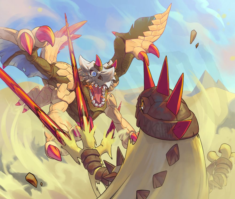 An image of the user's oc digimon Plainsdramon vs Landramon.
Landramon is in the foreground, using its extendable claws, one just grazing Plainsdramon's shoulder. It's roaring defiantly, with a cloud of sand whirling around it.
Plainsdramon is leaping ferociously towards its opponent with embers leaking from its mouth. Its wings are outstretched and its forelimbs are reaching towards Landramon.
In the background are two pyramids; the lighting is harsh sun with very blue tinted shadows.