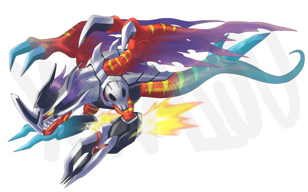 An image of the user's Megadramon X antibody design. It has more metallic armour on its body, with silver plating on its neck and back, silver skull-shaped pauldrons and a pair of knife blades emerging from its lower tail. Its helmet now possesses a nose horn, its existing horns are slightly curved and a second pair is below them. All horns are edged with silver, like a knife. It also has a silver beak area with three pairs of metal 'fangs', and it has yellow stripes on its lower jaw (as well as its biceps, tail and the arms of its wings).
Its wings are more structured, with an 'arm' from which the tattered cloth hangs and two silver claws on each. On its main arms it wears a pair of black and silver gauntlets with three wicked blade claws each, as well as a thruster in the elbows spitting out large blasts of fire.