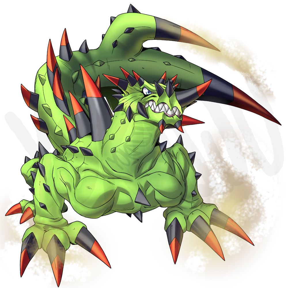 An image of the user's fan digimon design, Cactdramon.
It resembles a mix between a large quadrupedal lizard and a saguaro cactus, with a medium length neck, large forelimbs and a huge tail.
Its head is rectangular with three red-tipped black spikes on the chin, three above each eye (with the furthest back being longer) and one on the nose, along with two black spikes either side of the nose and four on a fringe of skin along the cheek. It has many sharp white teeth, and an angry expression in its blue slit-pupiled eyes.
Along its back is a row of three large black spikes, with two rows of smaller ones. The large ones have red tips, similar to its three large claws on each forelimb. Its back feet have two red claws each. Small black spikes run in rows along the chest, forearms and thighs.
Small studs run along its neck and in between the larger red-tipped black spikes on its tail, which run in three rows up till the tail branches into three like a cartoon saguaro. Each end is tipped with a massive black spike tipped in red.