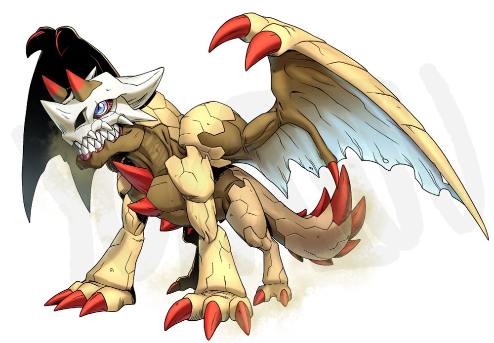 An image of the user's fan digimon Plainsdramon. It resembles a mix between a thorny devil and a dragon, with the wings emerging from where a thorny devil's bulbous neck spikes would be, having very large shoulders. Most of its body is covered in large, beige hexagonal scales, with the lower jaw, bottom of neck, chest, stomach and shoulders being exposed brown skin. Its wings fade to a light blue and have two red claws with beige ridged scales on the outermost edge.
It has three red claws on each front foot and two on the back, along with four red spikes on its chest and stomach, seven on the tail and two short brown horns tipped in red on the forehead. Its upper jaw and face is mostly covered in a white bone mask, with one horn on the nose and four pointed back, along with three pairs of outer fangs and two 'beak' points at the front. The eyes are blue and slit-pupilled.