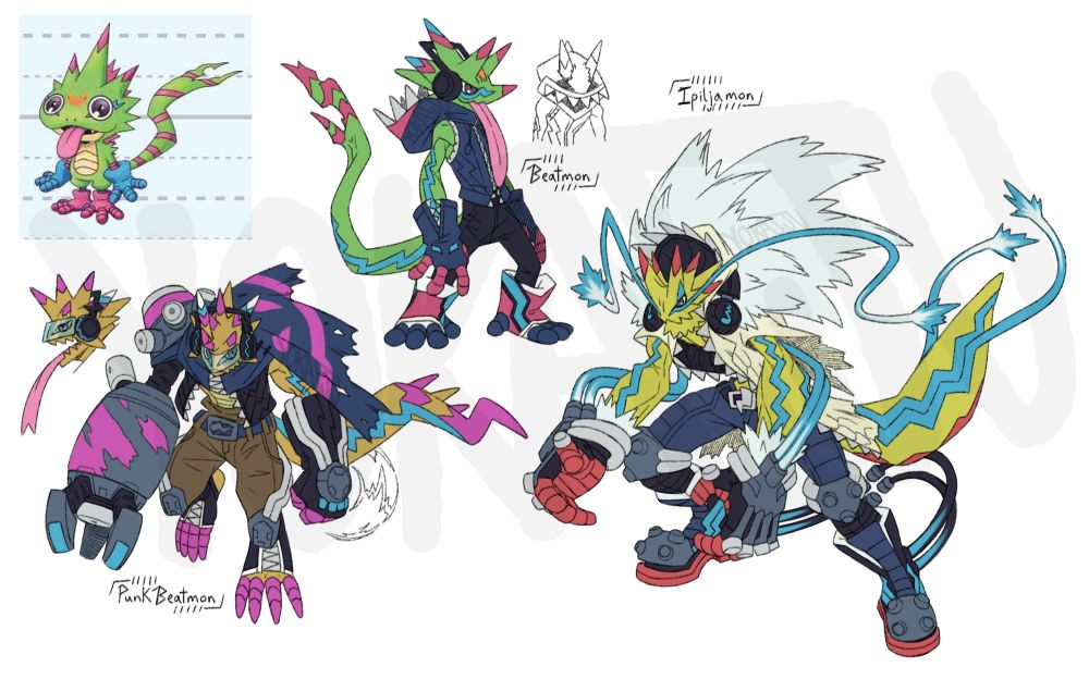 An image depicting the user's evolutions of Gekkomon from Digimon Beatbreak. The adult stage is Beatmon, a green bipedal lizard resembling a three-horned chameleon. It has pink tips to its three horns, as well as several spikes at the back of its head. Its tongue is long and it wears a navy blue hoodie with metal teeth and pink 'gums'. It wears gloves of the same colour, with pink segmented fingers, and pink shoes with blue lightning bolts on the sides, white insides and navy toes. Its tail has a blue lightning pattern (also on its arms) and a tattered end that has pink stripes.
PunkBeatmon is the perfect/ultimate stage, with one large robotic arm resembling a spraycan (it has three fingers around the main spraying end, and three spray nozzles in its shoulder. Pink patterns are splattered over the forearm and a pink band runs around the middle of the shoulder). Around its neck is a navy scarf, which flares out into a 'frill' emblazoned with a pink smiling face. It's joined at the front with metal teeth. Similar teeth serve as the zipper to its cropped jacket, which is black leather and has lightning patterns sewn into the sides. A lightning bolt-buckled belt holds up its brown pants, which have metal kneepads and light grey pipes emerging from these that run up its back. The unmechanised arm wears a black leather glove with a similar mechanical device to the knees. Its tail has a blue lightning bolt down the side, pink stripes and three spikes near the end.
Ipiljamon, the ultimate/mega stage, is an anthropomorphic lizard with a shed-skin scaled jacket, which has a toothed hood (the teeth run down the whole jacket) and a massive fur collar, resembling a wild mane. It has two horns tipped in red-pink above its eyes, four behind the eyes and two unpatterned behind those. Long blue whiskers run from under its eyes and the end of its tail. Its jaw is jagged like a bearded dragon's. It has mechanical gloves and shoes with cables running out of them.