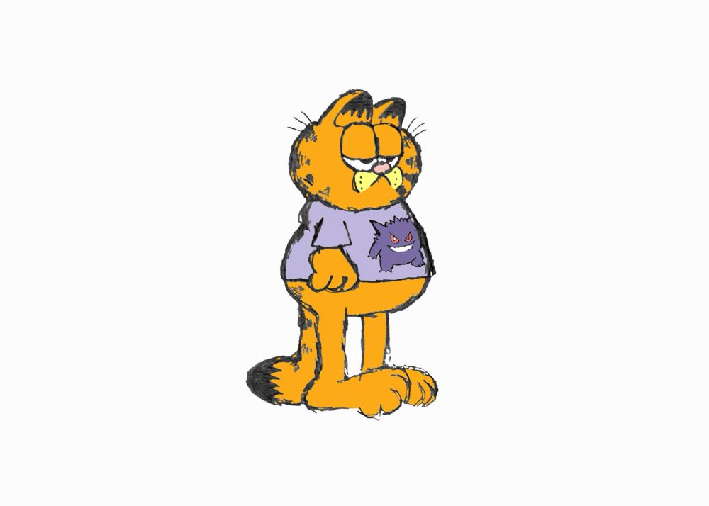Digitally colored pencil sketch of Garfield the cat wearing a light purple t-shirt with a picture of the Pokemon Gengar on it, centered on a slightly off-white background. 