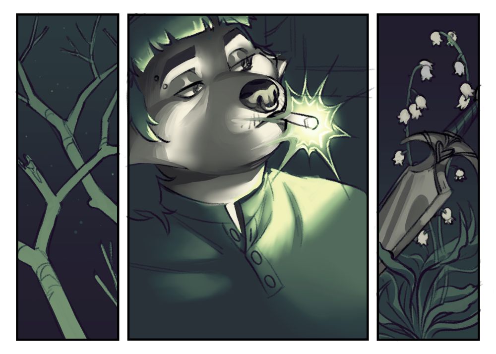 A triptych, all in moody greens and deep blue. On the left is a shot of bare tree branches against a night sky. On the right is a shot of a dagger and lily of the valley. In the middle is a close cropped shot of Nick smoking at night, the light from his joint illuminating his face oddly.