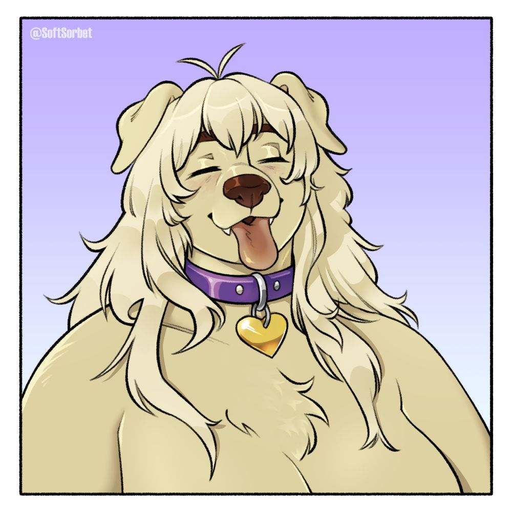 Bust drawing of a golden retriever furry girl wearing only a purple collar with a gold heart hanging from it. Her eyes are closed in a big tongue-out puppy smile.