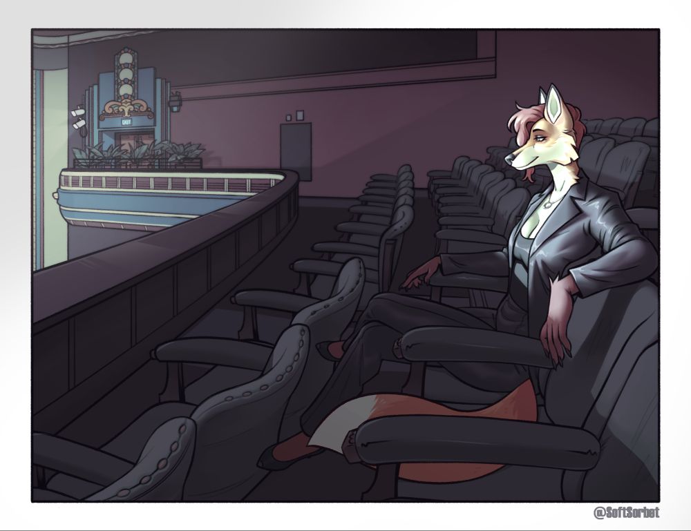 Art of a well dressed fox woman sitting comfortably in an old, beautiful theater while a movie plays just out of frame. She is the only one in the audience we can see, and she seems to be completely in her element here.