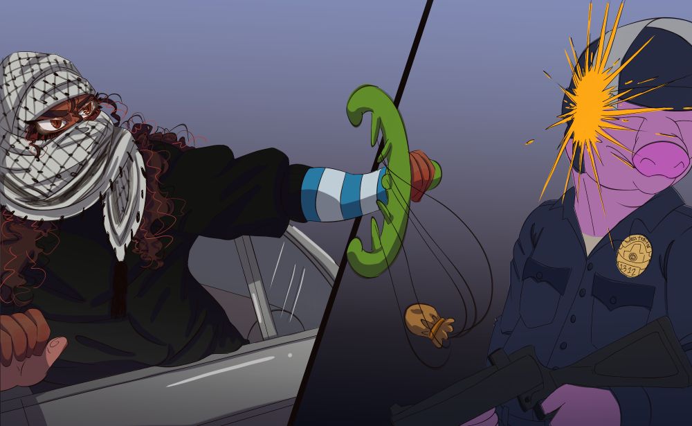 Usopp from one piece leans out of a car, face wrapped in a keffiyeh, holding his slingshot, having just launched a paint ball at a cop. the paintball splatters on the cop's face