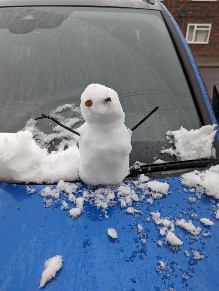 Cute mini snowman on a blue car