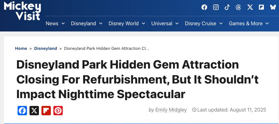 A news headline that reads "Disneyland Park Hidden Gem Attraction Closing for Refurbishment, But It Shouldn't Impact Nighttime Spectacular"