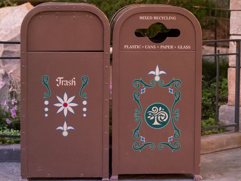 A pair of trash cans by the Matterhorn