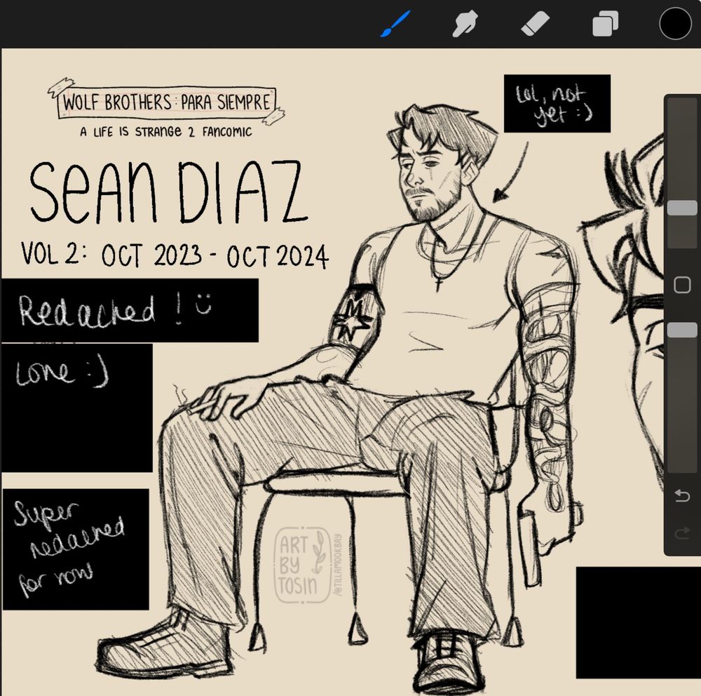 A sketchy illustration of a character sitting in a a chair. He’s wearing trousers and a vest shirt, both his arms are heavily tattooed. In one hand he holds a gun and in the other, there’s a cigarette held between his forefinger and middle finger. His expression is blank. He also has one glass eye. 
