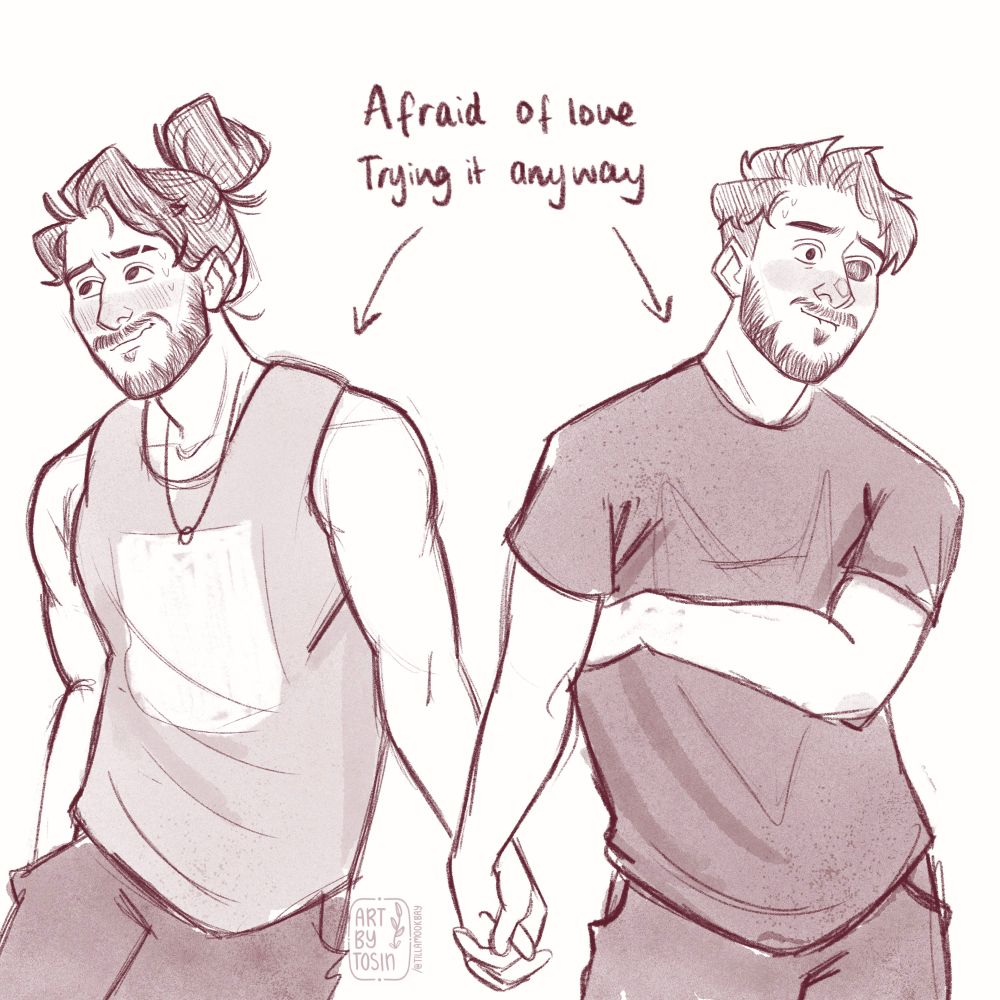 Illustration of two young adult men looking uncomfortable as they hold hands and blush. The illustration is captioned “afraid of love, trying it anyway” with an arrow pointing at the two characters. 