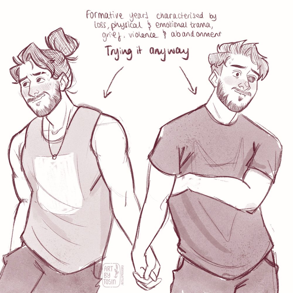 Illustration of two young adult men looking uncomfortable as they hold hands and blush. The illustration is captioned “formative years characterised by loss, physical and emotional trama, grief, violence and abandonment; trying it anyway” with an arrow pointing at the two of them.