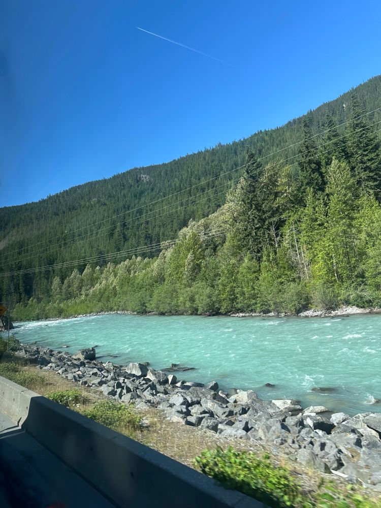 Along road with cement barrier small strip short grass and bush lines a rubble rocked river edge with light green glacial waters running over rapids.
Pine forest sits otherside into the mountains.
multi power lines running across parallel to the river 