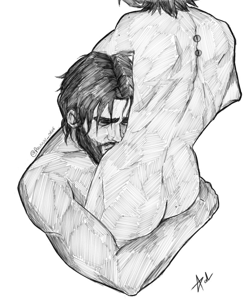 Jayce kissing Viktor's hip, while holding his butt naked