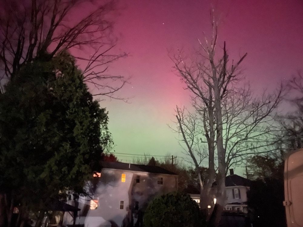 Pink and green aurora over houses
