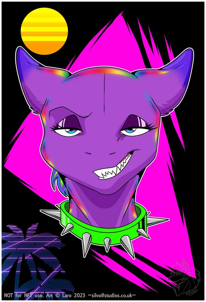 Drawing of an OC with a synthwave style background 