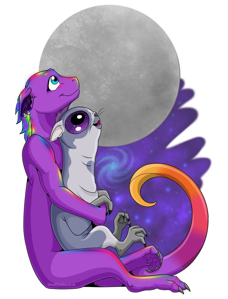 Drawing of two characters looking at the moon