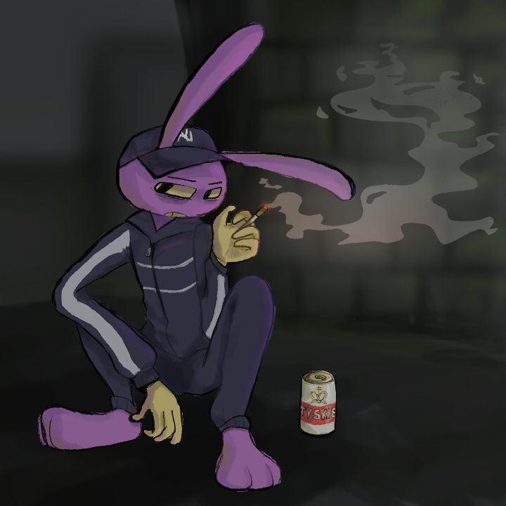 a drawing of Jax from The Amazing Digital Circus. He is doing a "slavic squat" pose, wearing a dark blue-grayish tracksuit and a trucker hat, and smoking a cigarette. There is a can of polish Tyskie beer next to him.