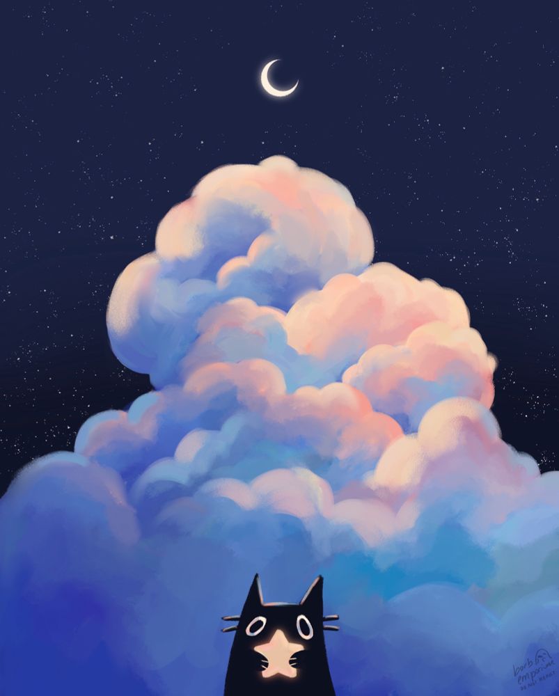 digital illustration of a large fluffy cloud that is blue pink and teal with a dark night sky behind it. Above the cloud is a crescent moon and faint stars. At the centre bottom of the cloud there is a black cat holding a yellow glowing star looking at the viewer 