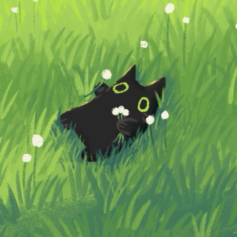 Cropped version of the previous drawing. A close up of the black cat lying in the green field dotted with dandelions. The cat is holding a few dandelions in its paws while looking up. 