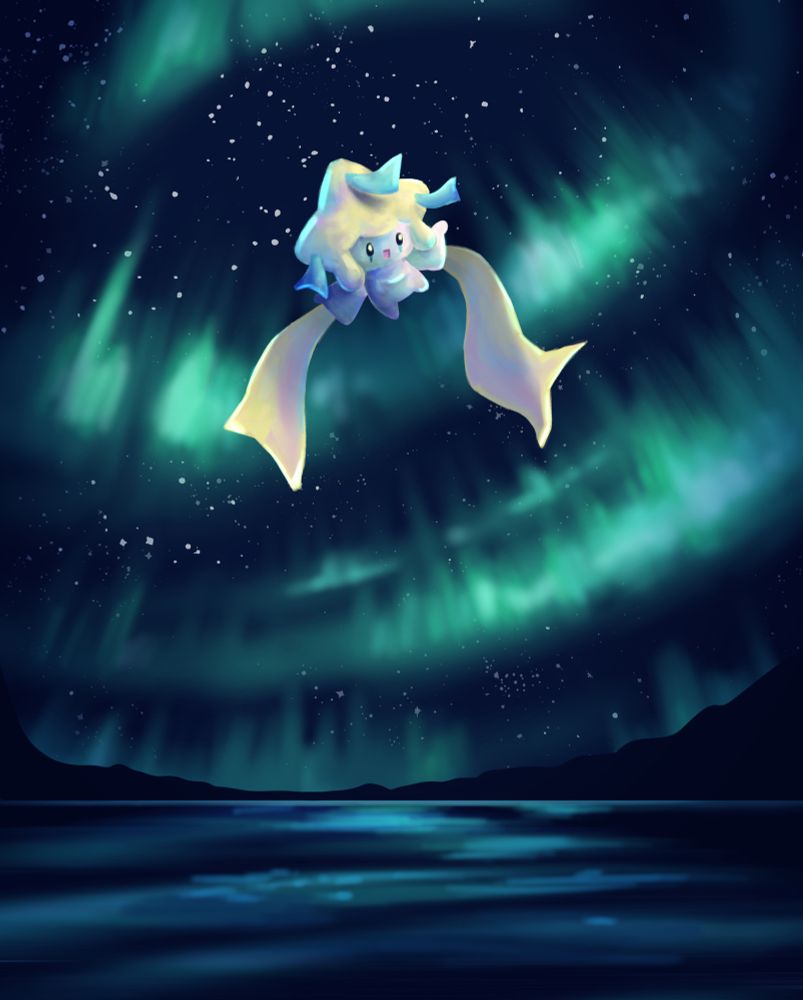 digital drawing of the Pokemon jirachi and green northern lights with a dark night sky