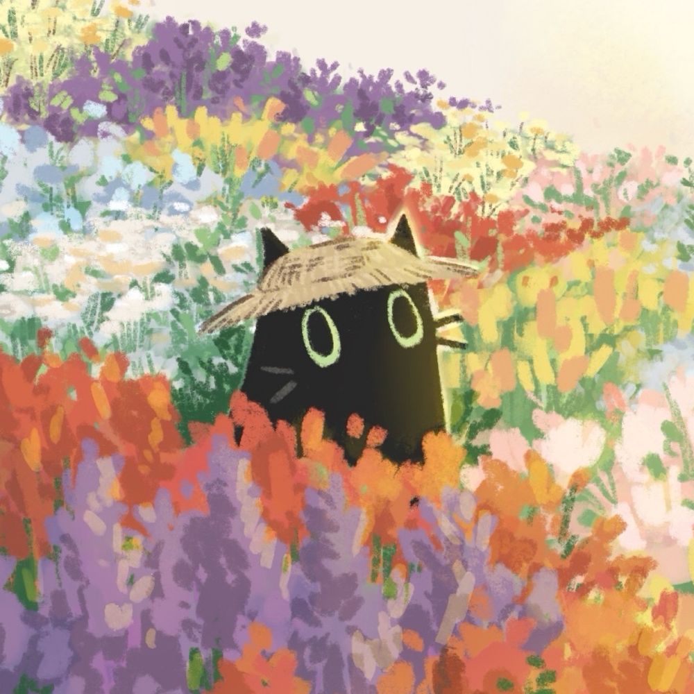 crop of the previous illustration, close up of the black cat with a sun hat sitting in a flower field full of purple, red, pink, yellow and white flowers