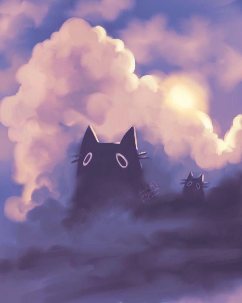 digital illustration of purple and yellow clouds. The largest cloud has the silhouette of two vaguely cat-like shapes approaching the viewer 