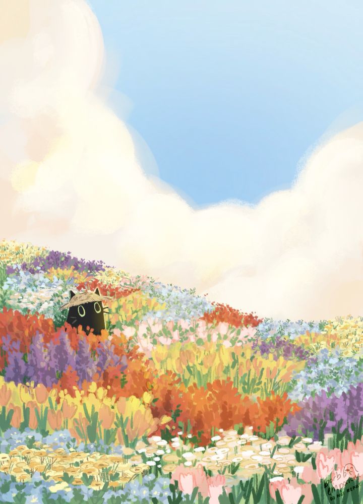 digital illustration of a colourful flower field (purple, red, yellow, blue, pink and white flowers) with a blue sky and fluffy white/cream coloured clouds. There is a small black cat with a sun hat in the field gazing up at the sky 