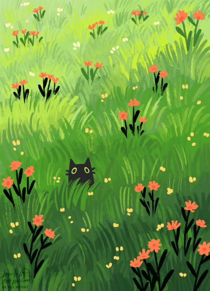 digital drawing of a cat peeking at the viewer from a green meadow. There are some orange and yellow flowers dotted around