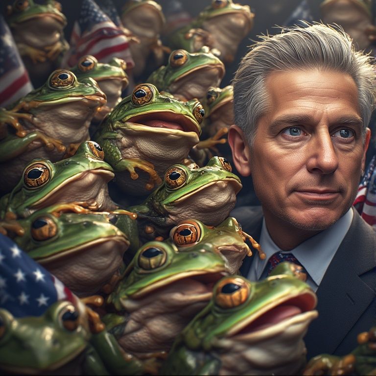 Gavin Newsom surrounded by patriotic cartoon frogs