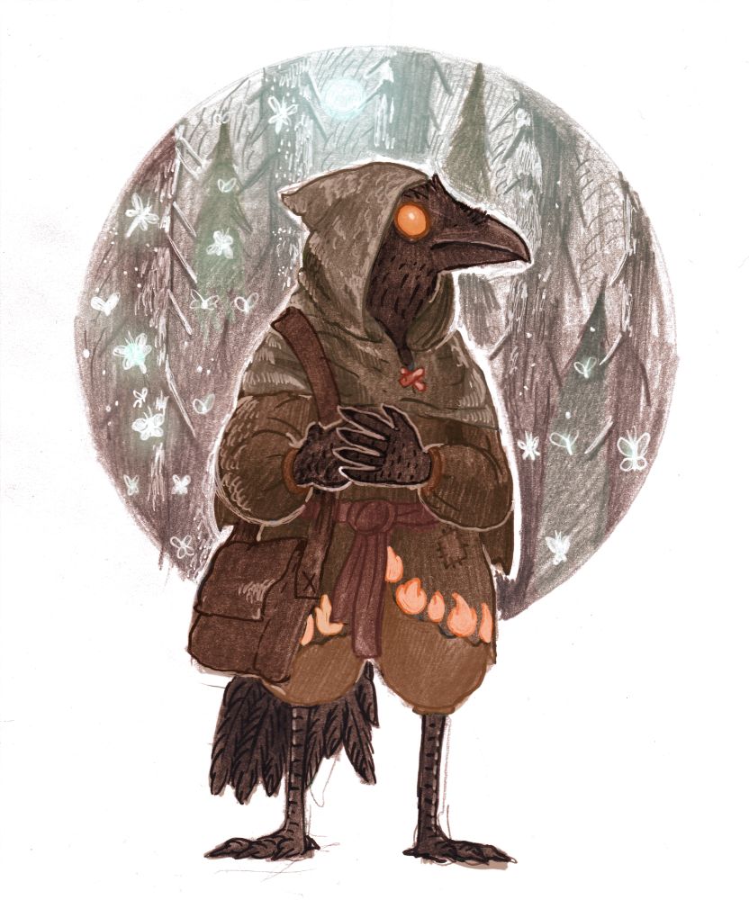 Scald, a kenku phoenix sorcerer, stands in front of a circular forest backdrop. The little miscreant is staring with a big orange eye and is wearing a collage of muted brown leather and cloth. He carries a satchel which he grips anxiously with his hands.