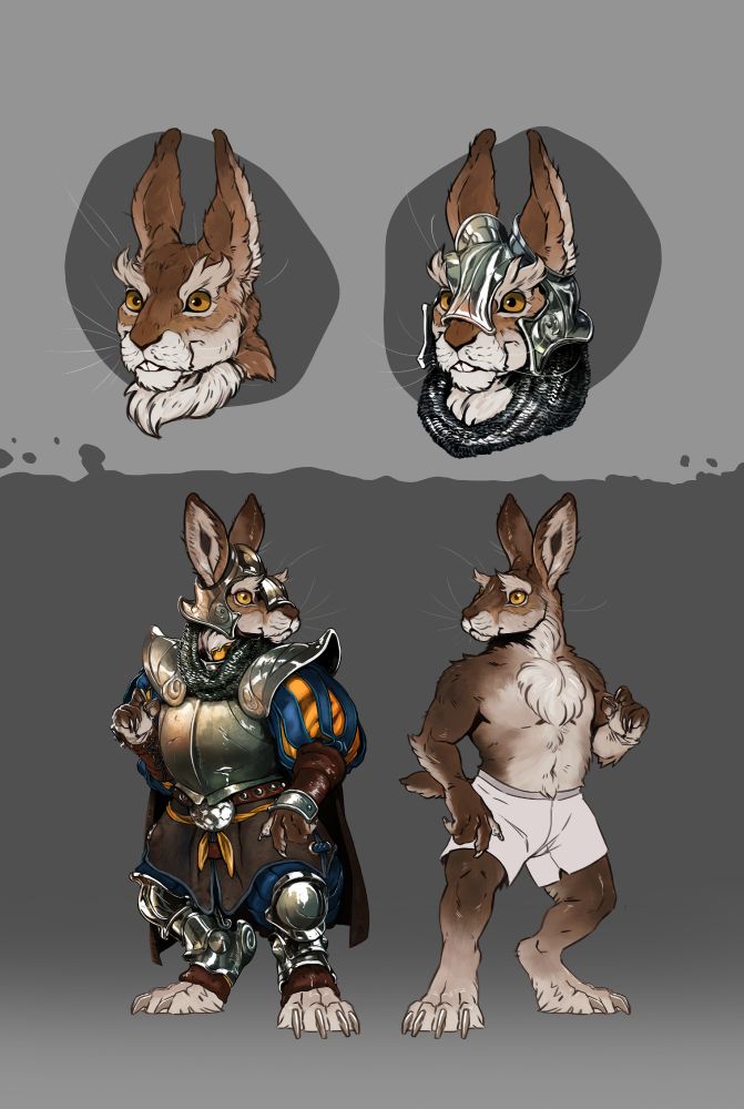 A reference sheet of Flarja Keepsong of the Rolling Wood. The upper two images show his fuzzy rabbit head with and without his helmet, and the lower pictures show him in his full adventurous armor and in his shorts. All around a fuzzy and squat rabbit.