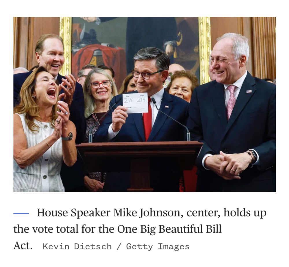 218
214
House Speaker Mike Johnson, center, holds up
the vote total for the One Big Beautiful Bill while everyone around him laughs. 