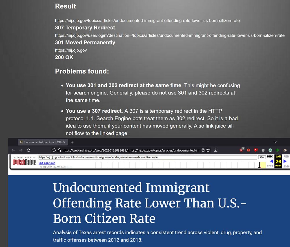 Two webpages shown together; one describes the HTTP redirect statuses used by the site in question, the second is an Internet Archive Wayback Machine link showing the original page. Links to both in reply to this post.