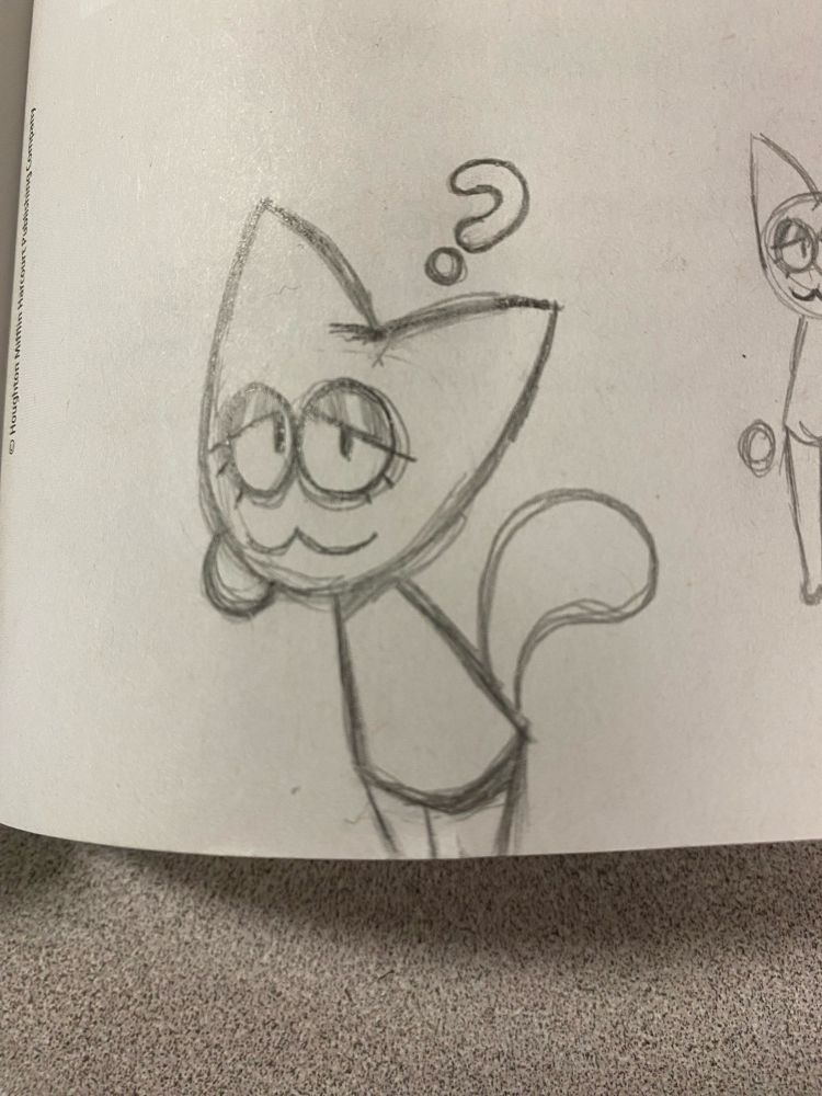 A drawing of a Mii looking cat with balls for hands and no arms with a question mark above its head.