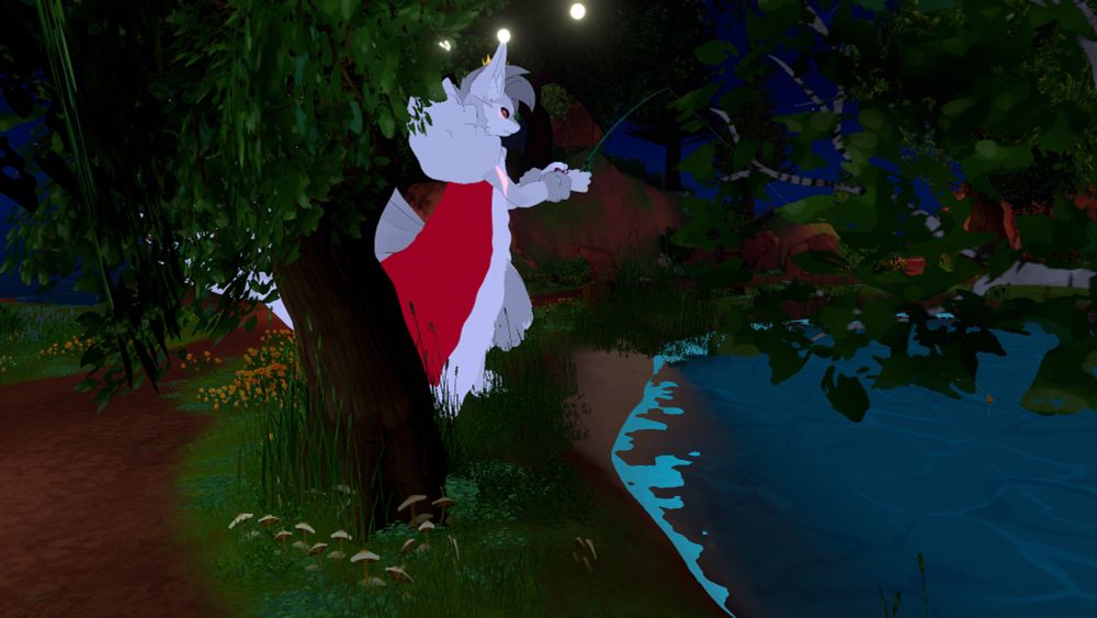 A nine tail novabeast fishing in a lake, they seem taller than normal.