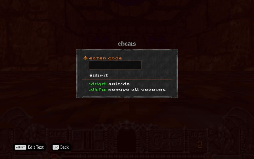 A screenshot of Heretic + Hexen showing the cheats menu, listing the iddqd and idkfa cheat.