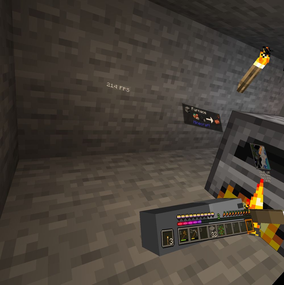 screenshot of Minecraft in VR with the focus of showing the fps being more then 200