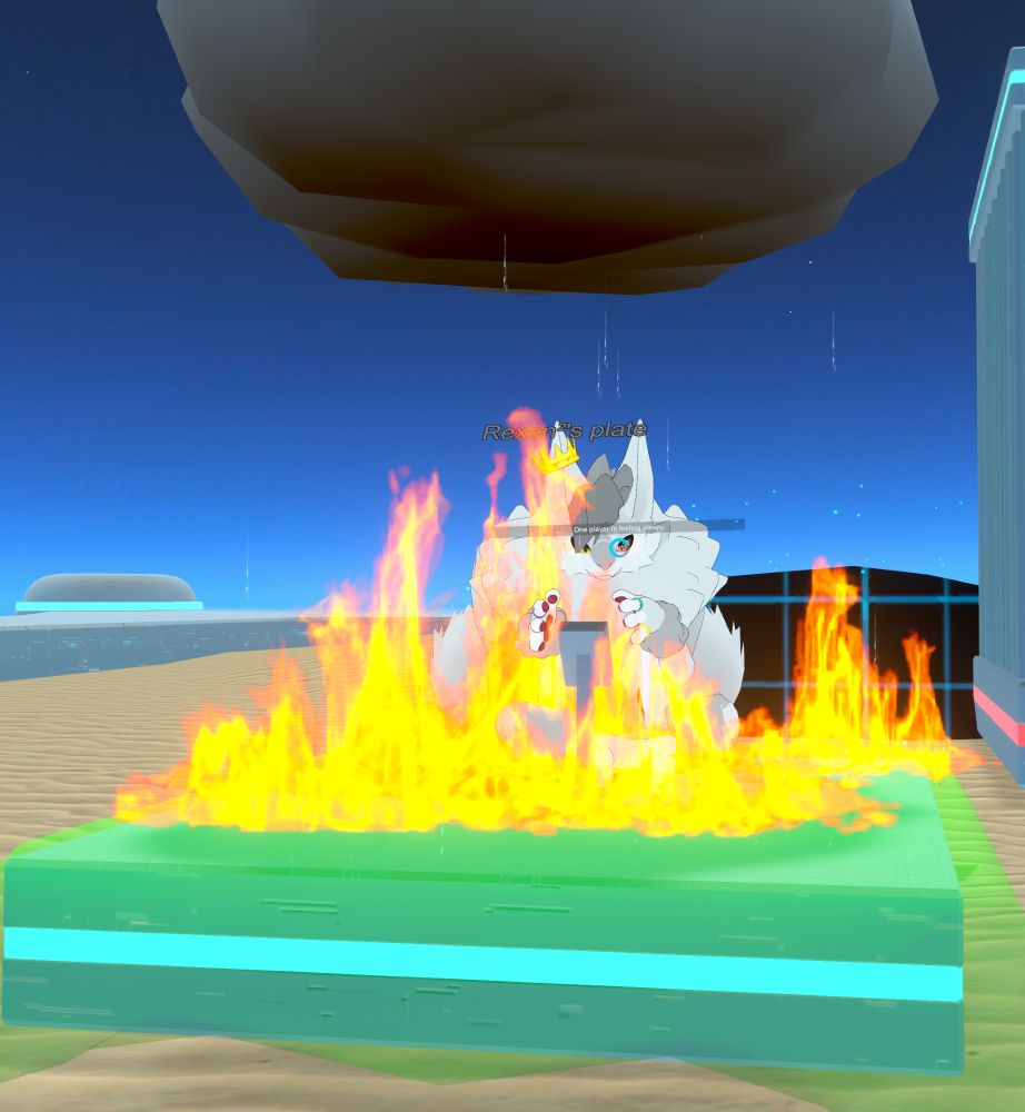 Me sitting on a platform that's cover in slime, is on fire and has a thunderstorm above it.