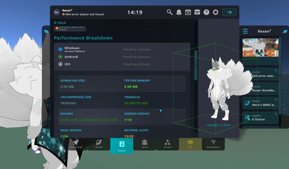 A screenshot of VRChat showing an avatar that has 50,000 tris.