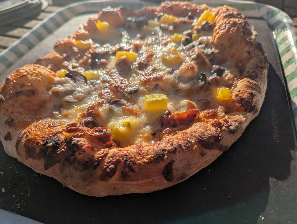 Homemade pizza right out of the pizza oven.  Looks delicious.