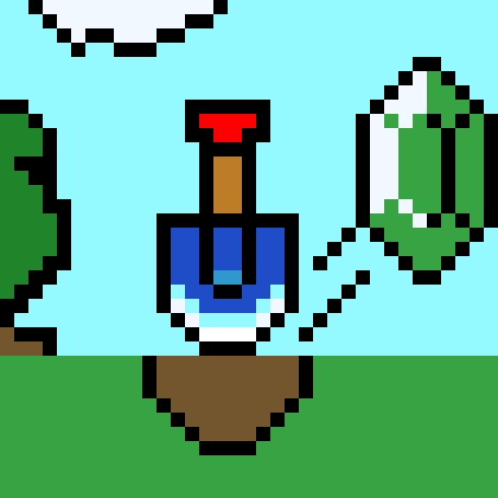 Pixel art in the style of 8 bit Zelda of a shovel and rupee with grass and blue sky