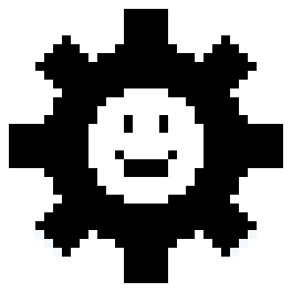 Pixel art of a settings gear with a smiley face
