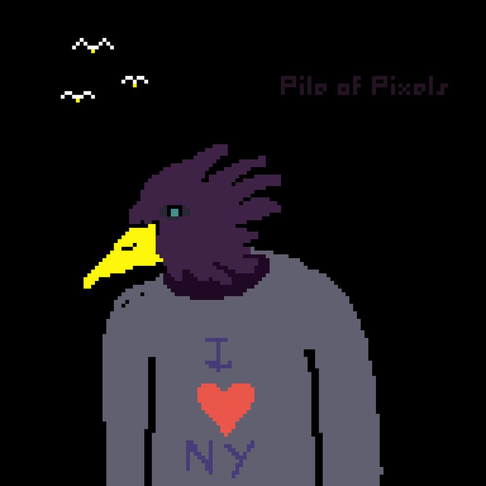 Purple bird with yellow beak and teal eye wearing I ❤️ NY shirt black background 