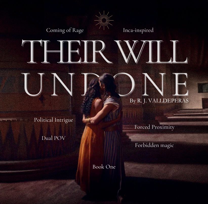 The same photo with the same title and author, but this time with tropes found in the book listed. Inca-inspired, Coming of rage, political intrigue, forced proximity, forbidden magic, and book one. 