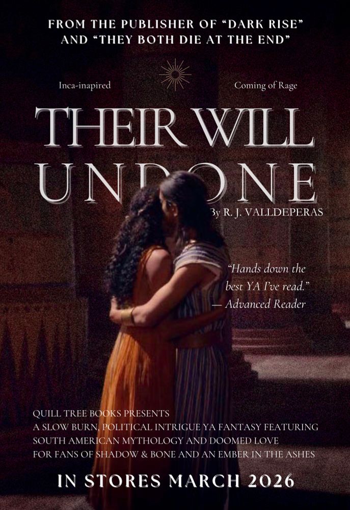 A movie poster with a dark haired couple hugging set against a reddish background, with words describing a new young adult fantasy novel that’s slow burn, coming of rage and set in an Inca-inspired world, perfect for fans of shadow & bone and an ember in the ashes, coming to stores in March 2026. 