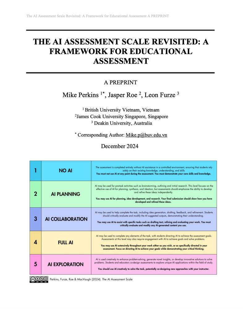 Front page of the AI Assessment Scale preprint featuring the article title and a full colour version of the scale